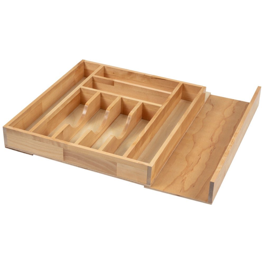 Wide cutlery drawer insert with adjustable width extension