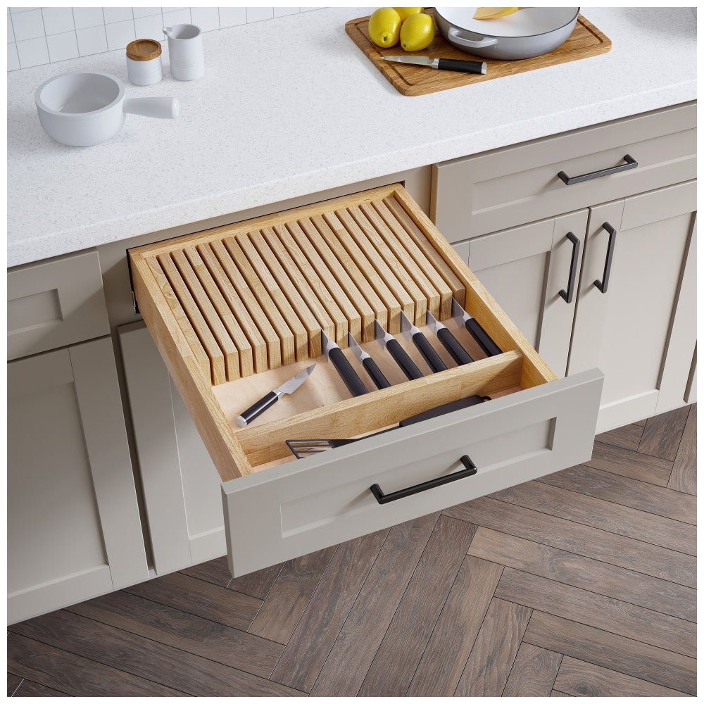 Knife block drawer organizer with front compartment for utensils
