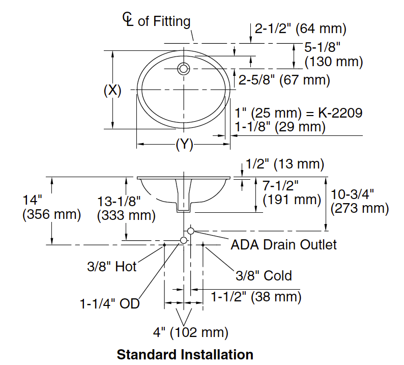Oval vanity sink standard installation drawing