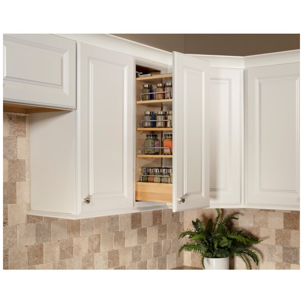 Wall spice pullout organizer pulled out of an upper kitchen cabinet