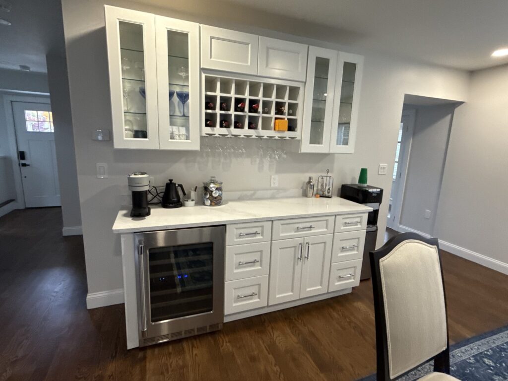 Coffee and beverage bar with glass-front uppers, wine rack and wine fridge – West Roxbury
