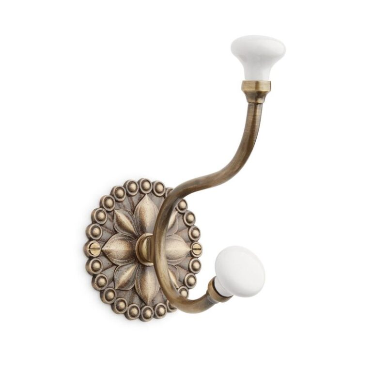 Beaded Floral Brass Double Hook with Porcelain Knobs