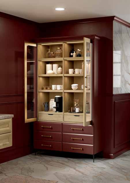 Omega Blueprint custom hutch with glass doors, open shelving and drawers in a deep red finish