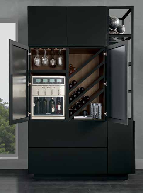 Omega Blueprint custom beverage center with wine storage, a dispensing system and glass storage