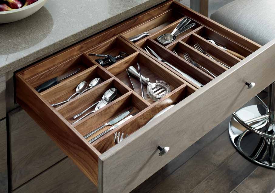 Omega Blueprint walnut cutlery and utensil drawer inserts matched to the cabinet wood species