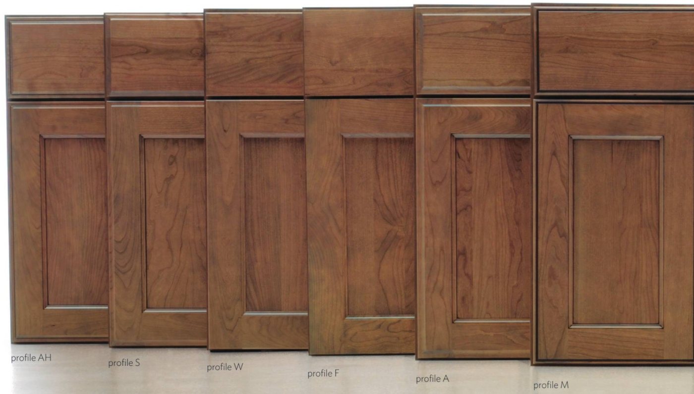 Omega door outside edge profiles AH, S, W, F, A and M shown on cherry doors
