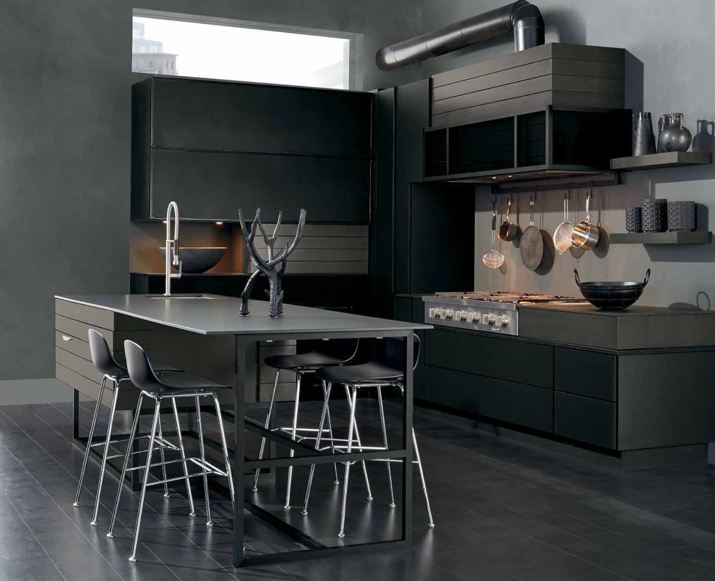 Omega kitchen with aluminum-frame doors in a custom matte black powder coat and a walnut interior