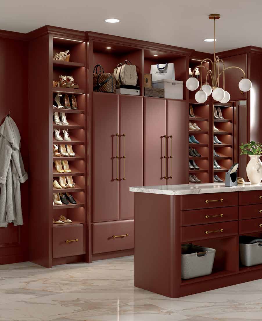 Omega customized walk-in closet with shoe shelving and drawers in a Ruby finish
